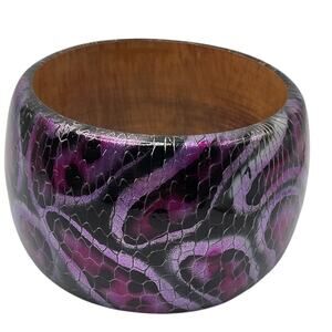 Vintage Wide Wood Bangle Snake Skin Design Purple Black Painted Bracelet Cuff